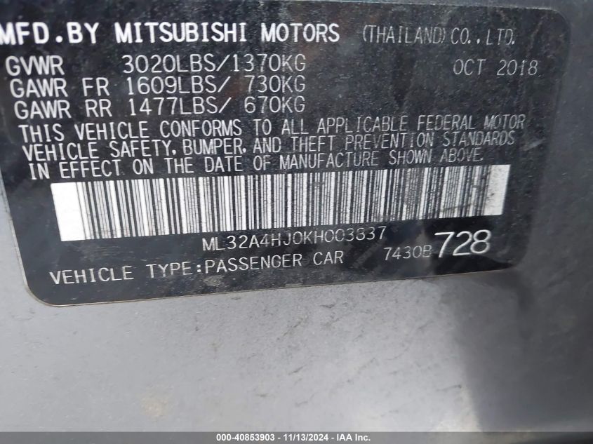 2019 Mitsubishi Mirage Se VIN: ML32A4HJ0KH003837 Lot: 40853903