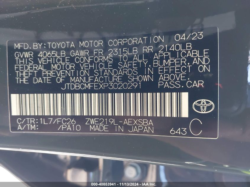 2023 Toyota Corolla Hybrid Se Infrared VIN: JTDBCMFEXP3020291 Lot: 40853941