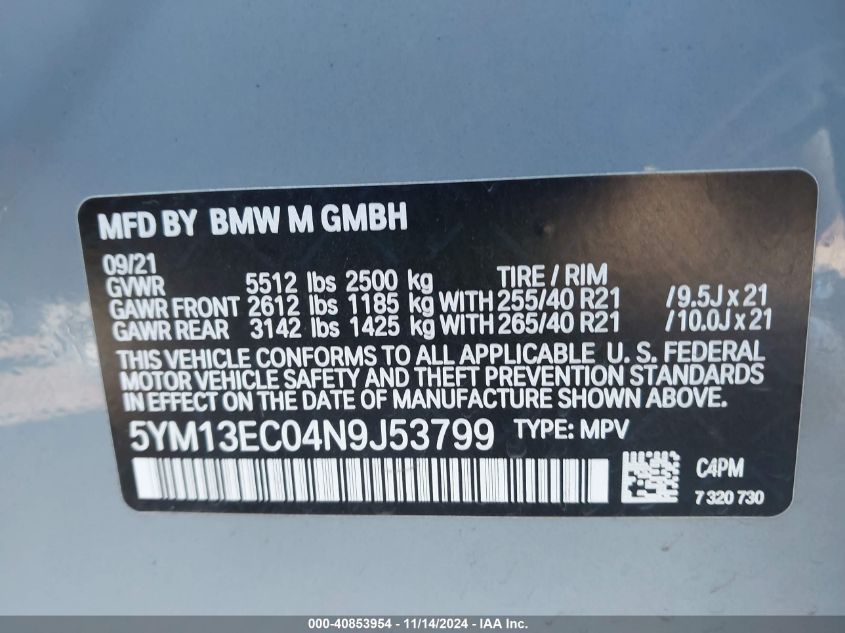 2022 BMW X3 M VIN: 5YM13EC04N9J53799 Lot: 40853954