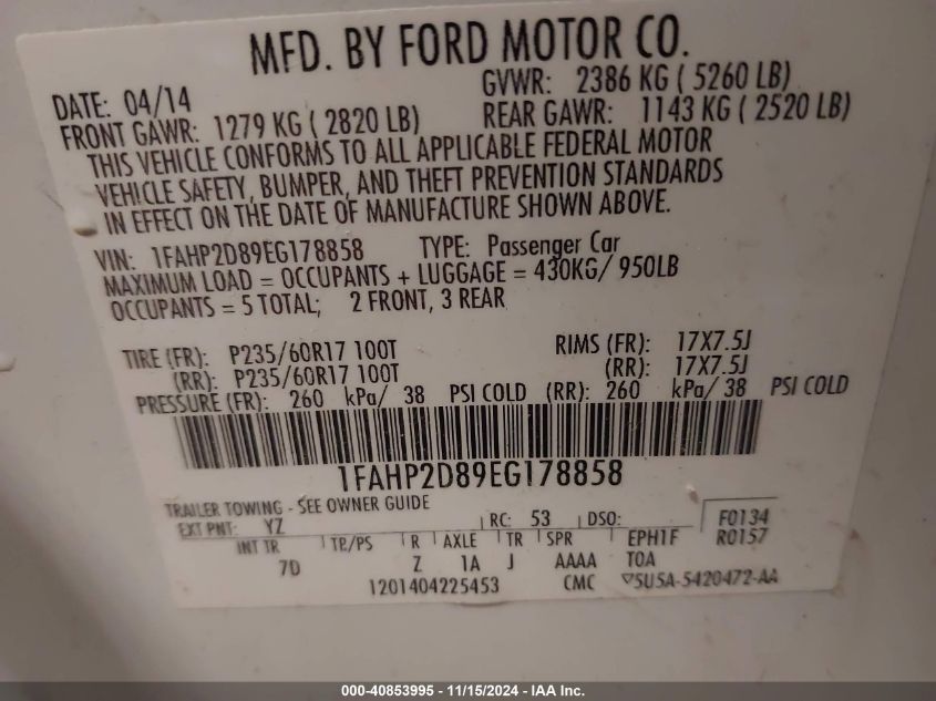 2014 Ford Taurus Se VIN: 1FAHP2D89EG178858 Lot: 40853995