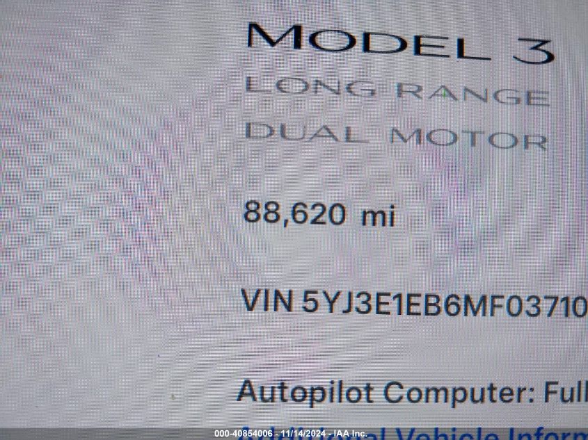 2021 Tesla Model 3 Long Range Dual Motor All-Wheel Drive VIN: 5YJ3E1EB6MF037107 Lot: 40854006