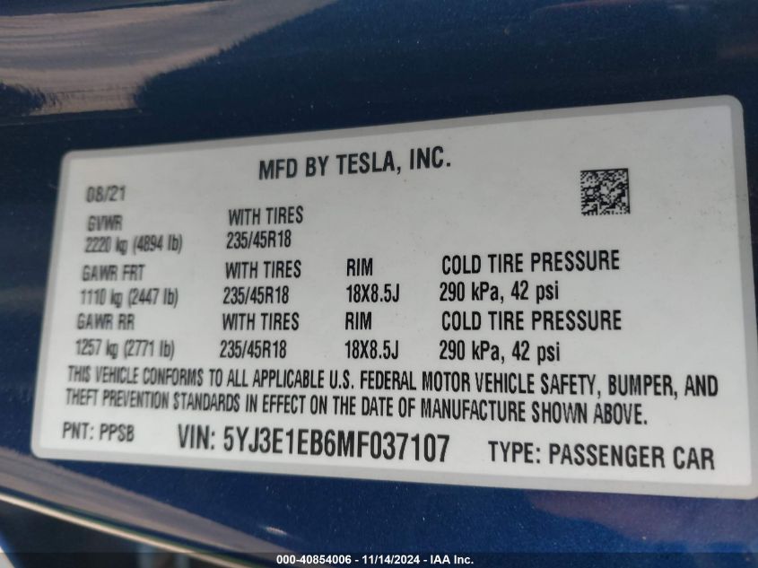 2021 TESLA MODEL 3 - 5YJ3E1EB6MF037107