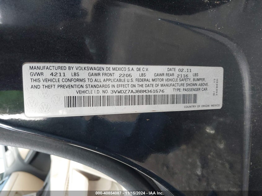 2011 VOLKSWAGEN JETTA VIN: 3VWDZ7AJ8BM361576