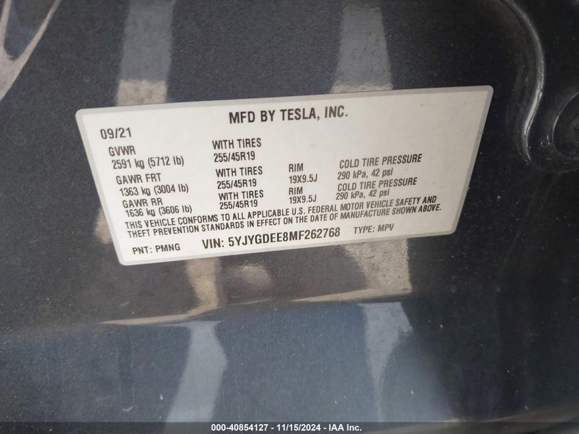 VIN 5YJYGDEE8MF262768 2021 TESLA MODEL Y LONG RANGE DUAL MOTOR ALL-WHEEL DRIVE