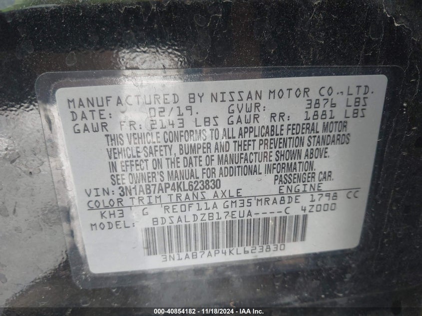 VIN 3N1AB7AP4KL623830 2019 NISSAN SENTRA SV