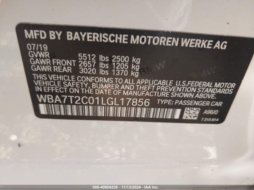 2020 BMW 740I VIN: WBA7T2C01LGL17856 Lot: 40854238