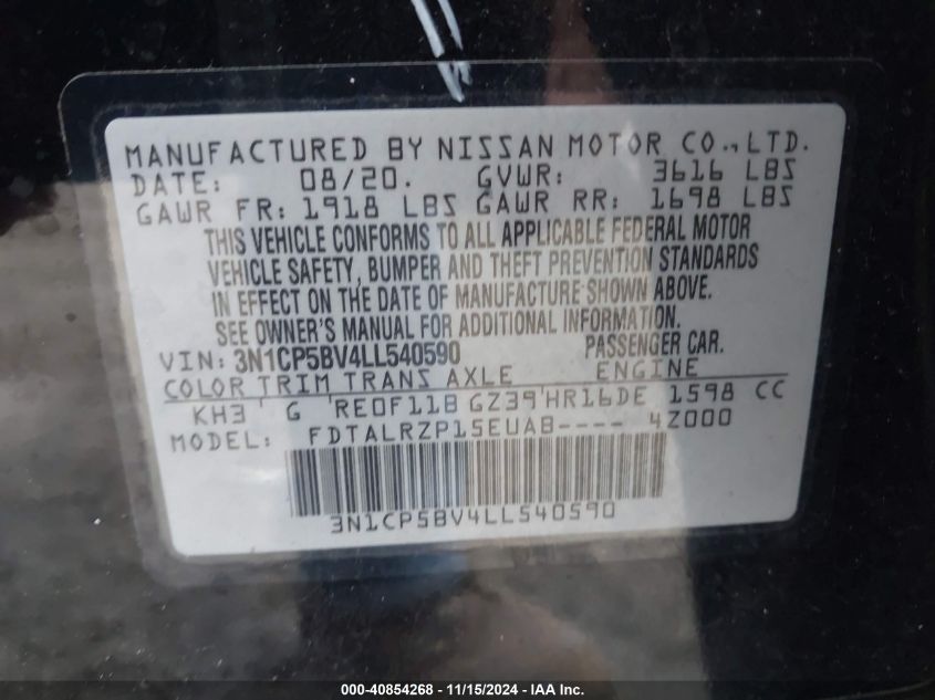 2020 Nissan Kicks S Xtronic Cvt VIN: 3N1CP5BV4LL540590 Lot: 40854268