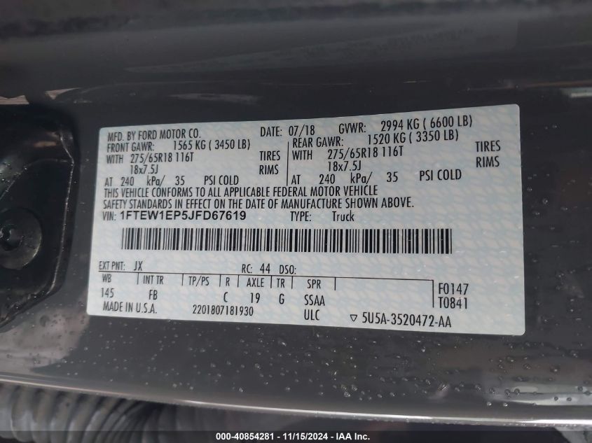 VIN 1FTEW1EP5JFD67619 2018 FORD F-150 XLT