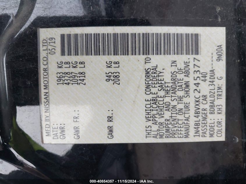 VIN 1N4BL4BVXKC245377 2019 NISSAN ALTIMA 2.5 S