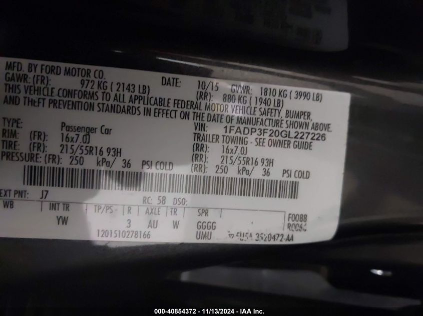 2016 FORD FOCUS SE - 1FADP3F20GL227226