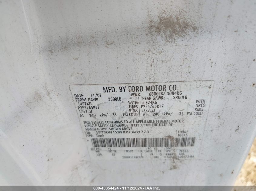 2008 Ford F-150 60Th Anniversary/Fx2/Xl/Xlt VIN: 1FTRW12WX8FA81773 Lot: 40854424