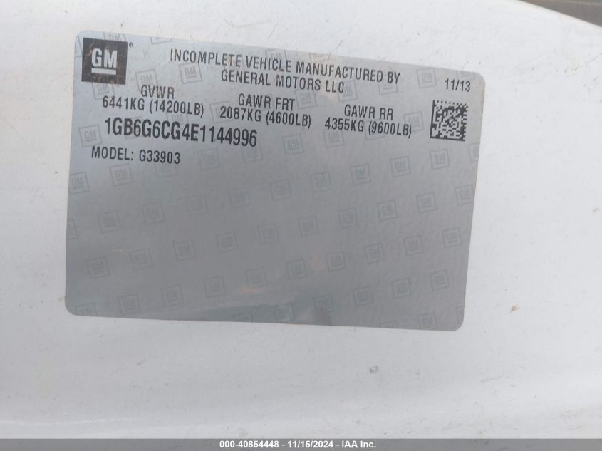 2014 Chevrolet Express Cutaway 4500 VIN: 1GB6G6CG4E1144996 Lot: 40854448