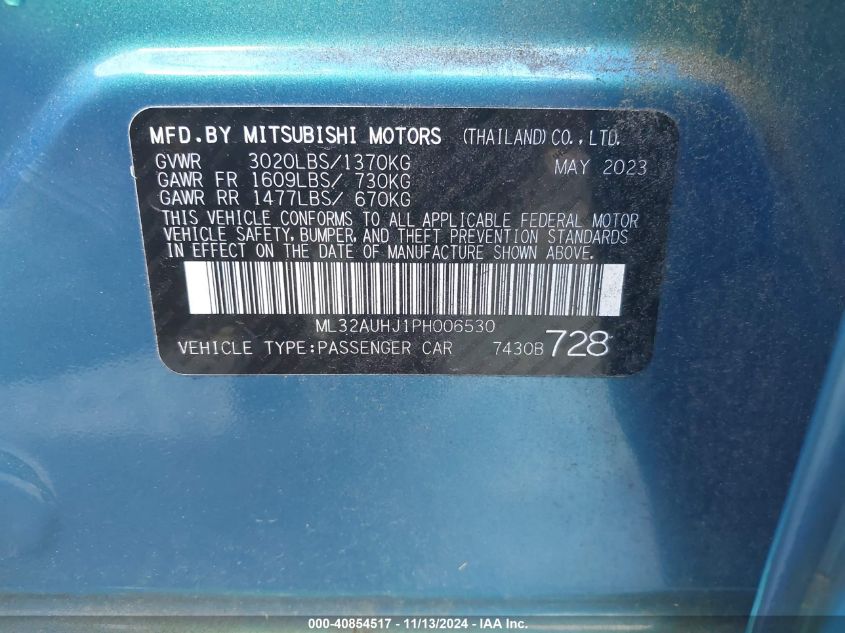 2023 Mitsubishi Mirage Es VIN: ML32AUHJ1PH006530 Lot: 40854517