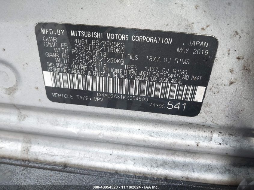2019 MITSUBISHI OUTLANDER ES - JA4AD2A31KZ054509