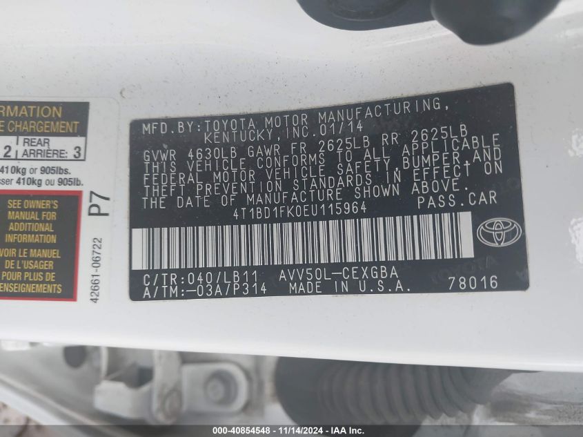 2014 TOYOTA CAMRY HYBRID XLE - 4T1BD1FK0EU115964