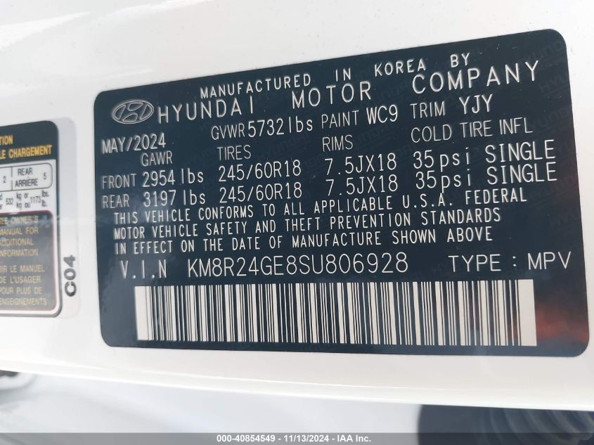 2025 Hyundai Palisade Sel VIN: KM8R24GE8SU806928 Lot: 40854549