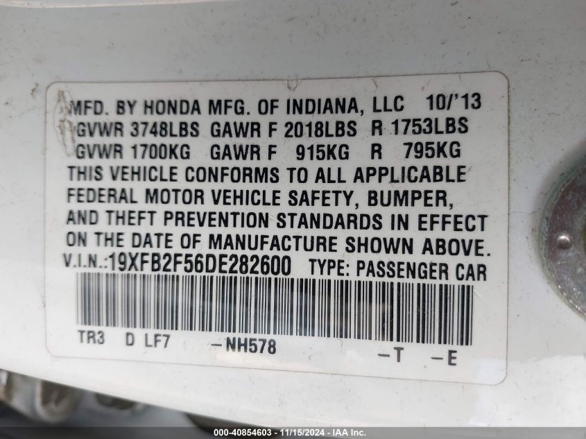 2013 Honda Civic Lx VIN: 19XFB2F56DE282600 Lot: 40854603