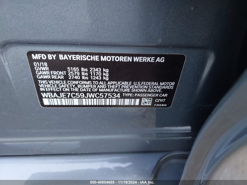 VIN WBAJE7C59JWC57534 2018 BMW 540I XDRIVE