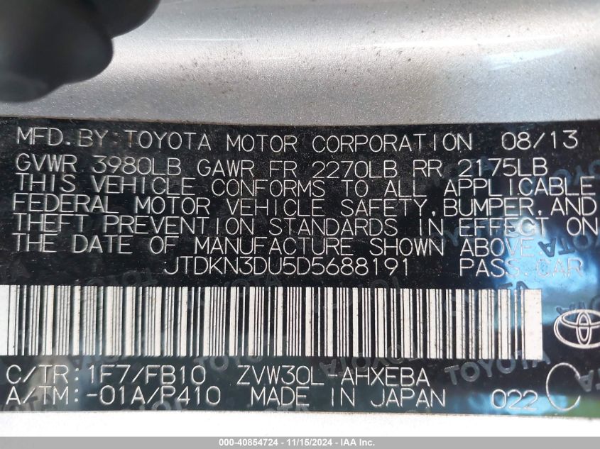 2013 Toyota Prius Three VIN: JTDKN3DU5D5688191 Lot: 40854724