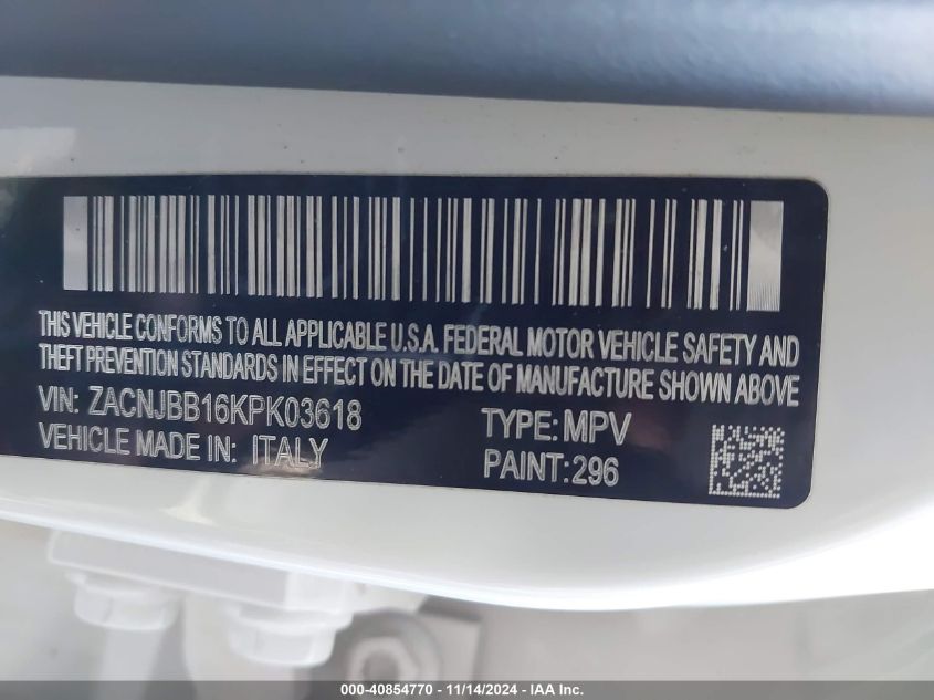 2019 Jeep Renegade Latitude 4X4 VIN: ZACNJBB16KPK03618 Lot: 40854770