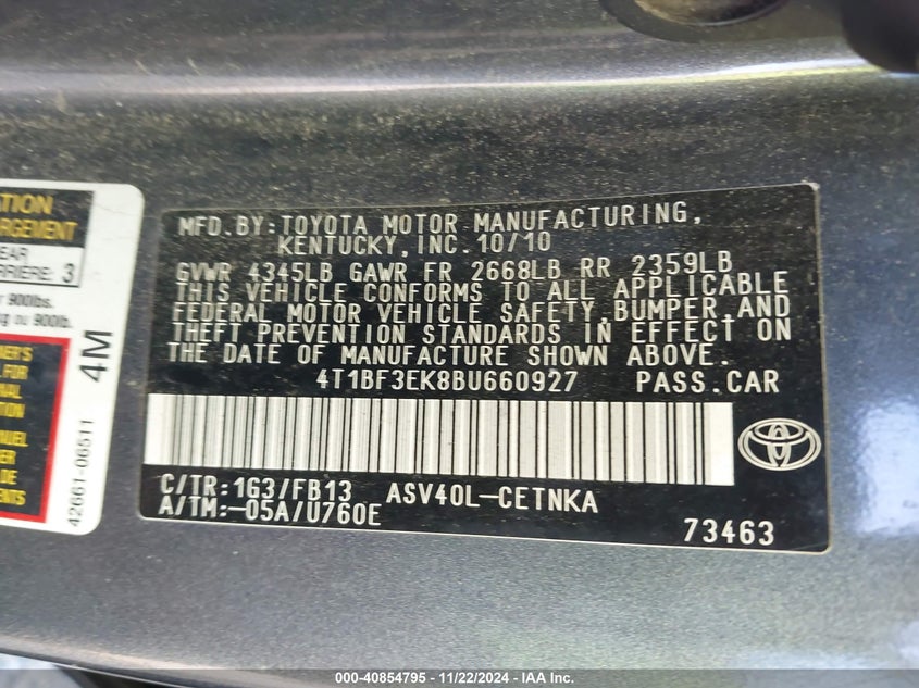 2011 TOYOTA CAMRY VIN: 4T1BF3EK8BU660927