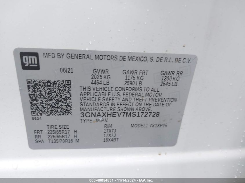 2021 Chevrolet Equinox Fwd Ls VIN: 3GNAXHEV7MS172728 Lot: 40854831