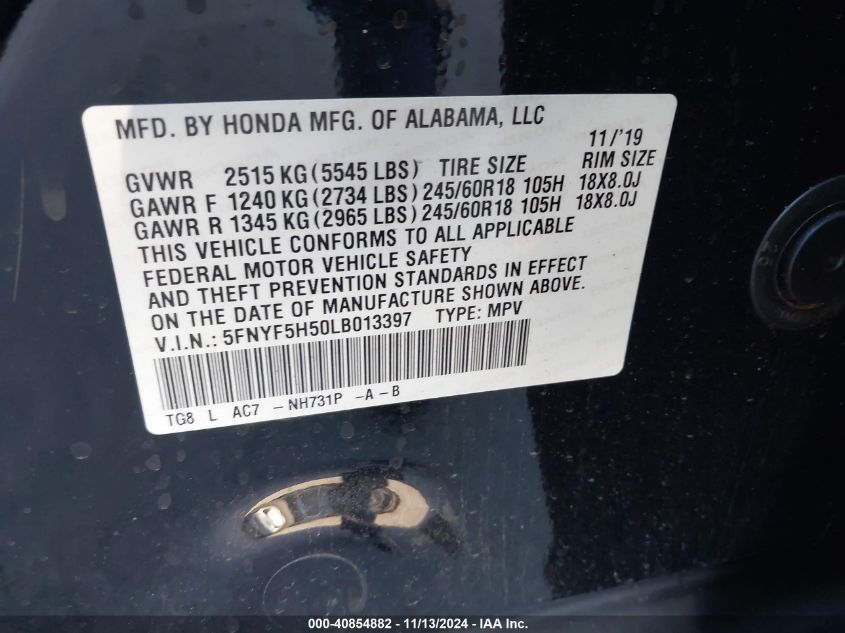 2020 Honda Pilot 2Wd Ex-L VIN: 5FNYF5H50LB013397 Lot: 40854882