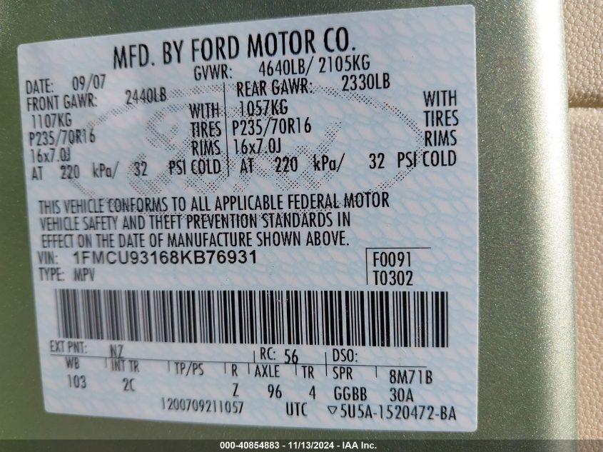 2008 Ford Escape Xlt VIN: 1FMCU93168KB76931 Lot: 40854883