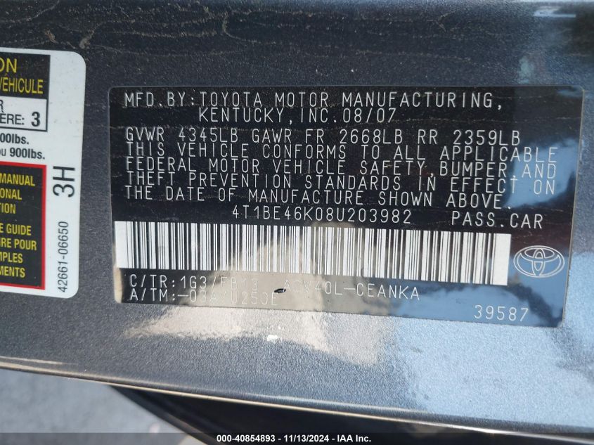 2008 Toyota Camry Le VIN: 4T1BE46K08U208982 Lot: 40854893