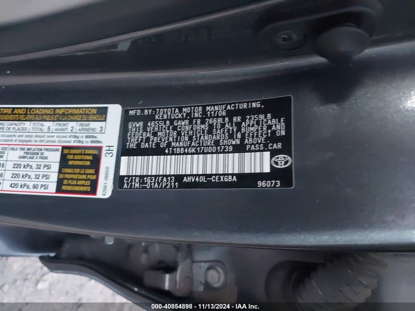 2007 TOYOTA CAMRY VIN: 4T1BB46K17U001739