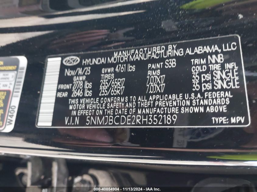 2024 Hyundai Tucson Sel VIN: 5NMJBCDE2RH352189 Lot: 40854904