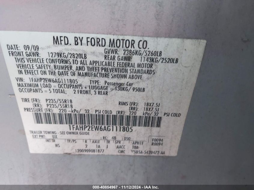 2010 Ford Taurus Sel VIN: 1FAHP2EW6AG111805 Lot: 40854967