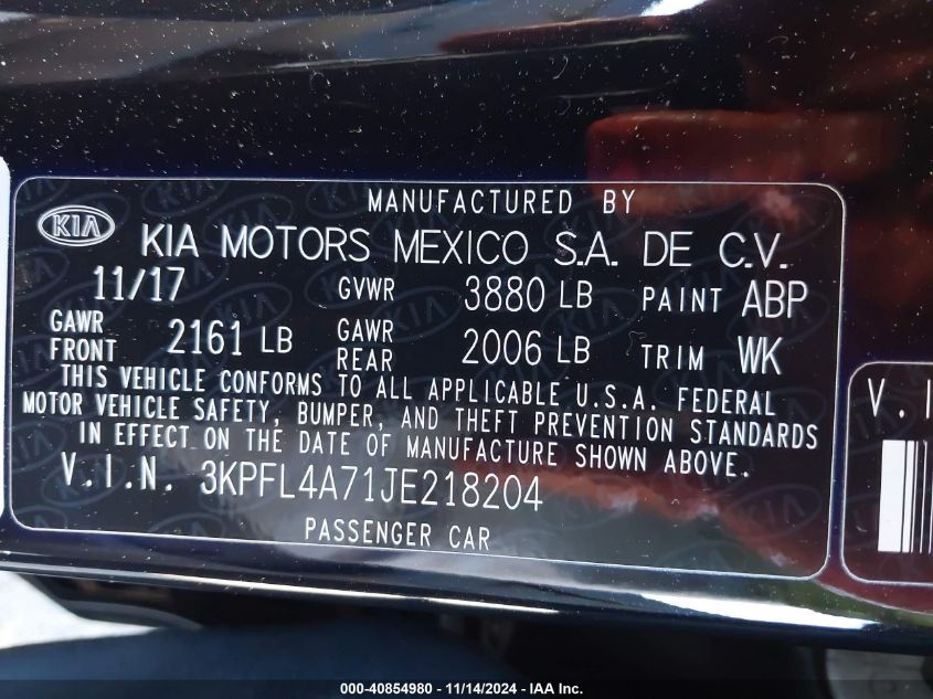 2018 KIA FORTE VIN: 3KPFL4A71JE218204