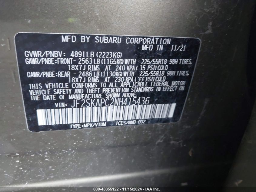 2022 Subaru Forester Limited VIN: JF2SKAPC2NH415436 Lot: 40855122