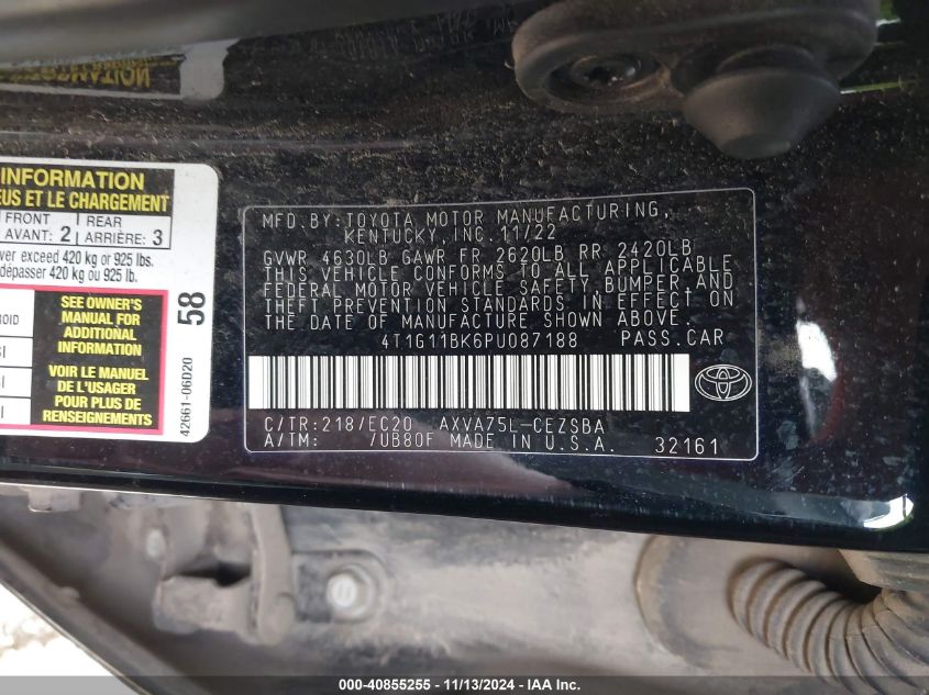 2023 TOYOTA CAMRY VIN: 4T1G11BK6PU087188