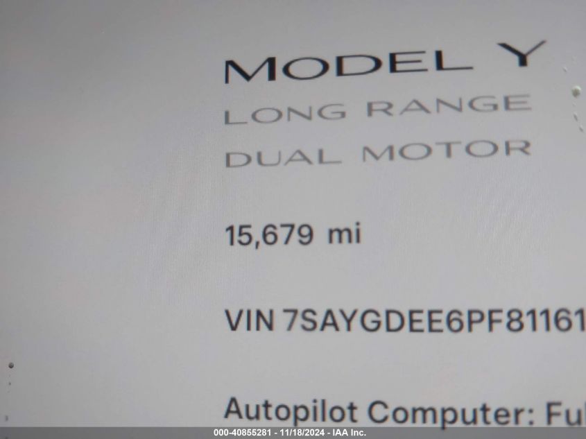 2023 Tesla Model Y Awd/Long Range Dual Motor All-Wheel Drive VIN: 7SAYGDEE6PF811617 Lot: 40855281