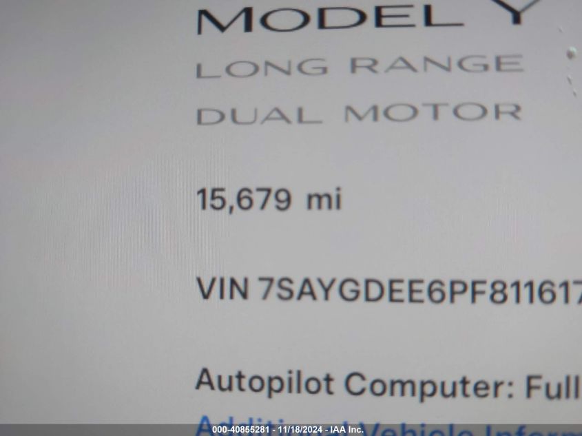 2023 Tesla Model Y Awd/Long Range Dual Motor All-Wheel Drive VIN: 7SAYGDEE6PF811617 Lot: 40855281