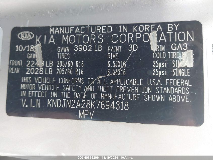 VIN KNDJN2A28K7694318 2019 KIA Soul no.9