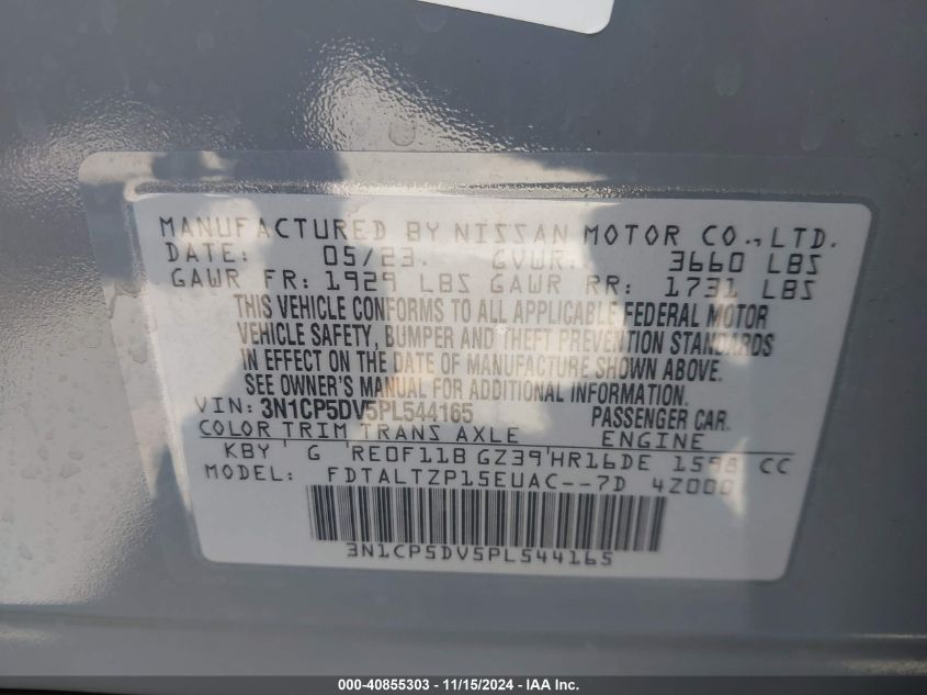 2023 Nissan Kicks Sr Xtronic Cvt VIN: 3N1CP5DV5PL544165 Lot: 40855303