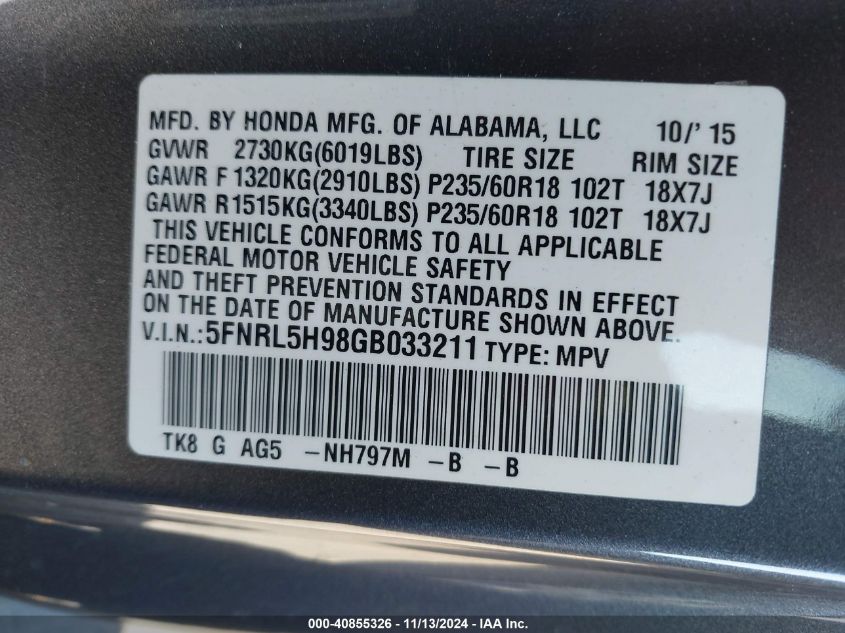 2016 Honda Odyssey Touring/Touring Elite VIN: 5FNRL5H98GB033211 Lot: 40855326