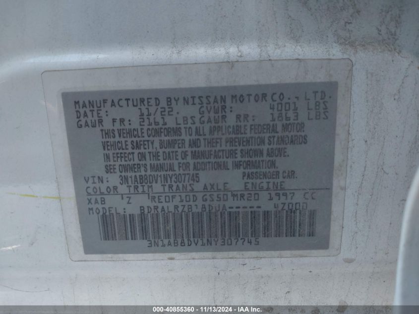 2022 NISSAN SENTRA VIN: 3N1AB8DV1NY307745