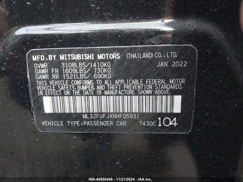 2022 Mitsubishi Mirage G4 Black Edition VIN: ML32FUFJXNHF05931 Lot: 40855406