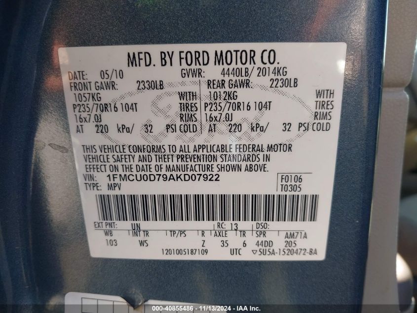 2010 Ford Escape Xlt VIN: 1FMCU0D79AKD07922 Lot: 40855486