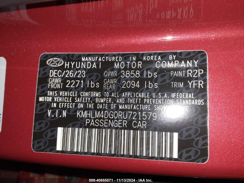 2024 Hyundai Elantra Sel VIN: KMHLM4DG0RU721579 Lot: 40855571