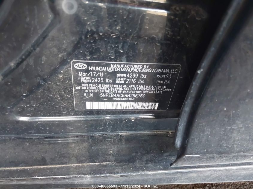 2011 HYUNDAI SONATA VIN: 5NPEB4AC6BH266760