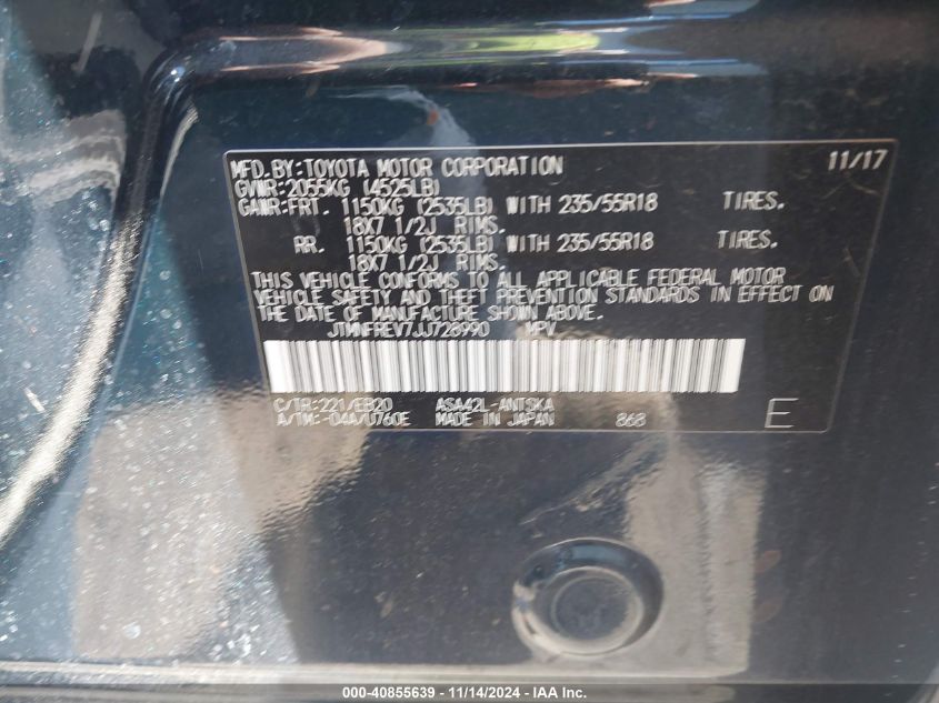 VIN JTMNFREV7JJ728990 2018 TOYOTA RAV4 SE