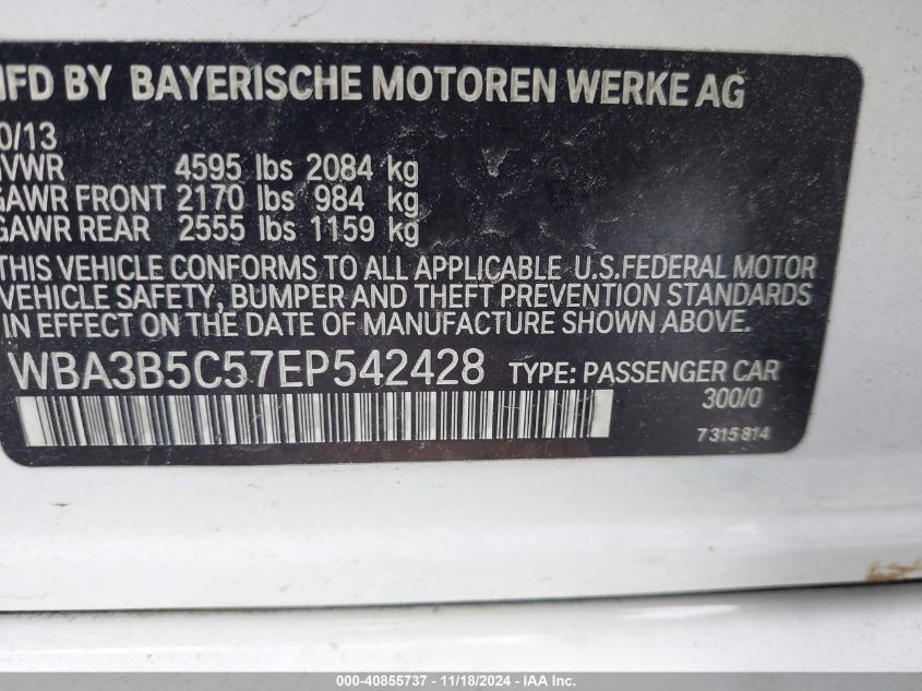 2014 BMW 328 Xi Sulev VIN: WBA3B5C57EP542428 Lot: 40855737