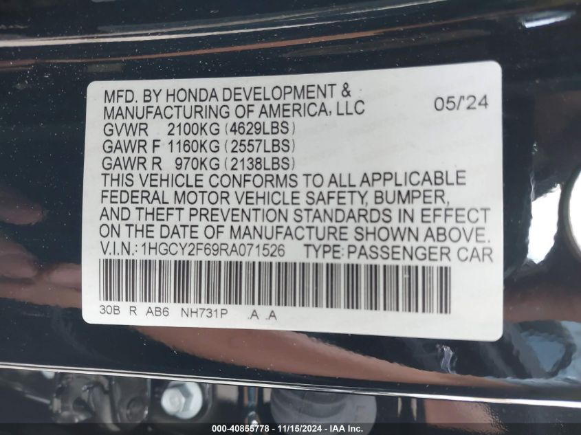 2024 Honda Accord Hybrid Ex-L VIN: 1HGCY2F69RA071526 Lot: 40855778