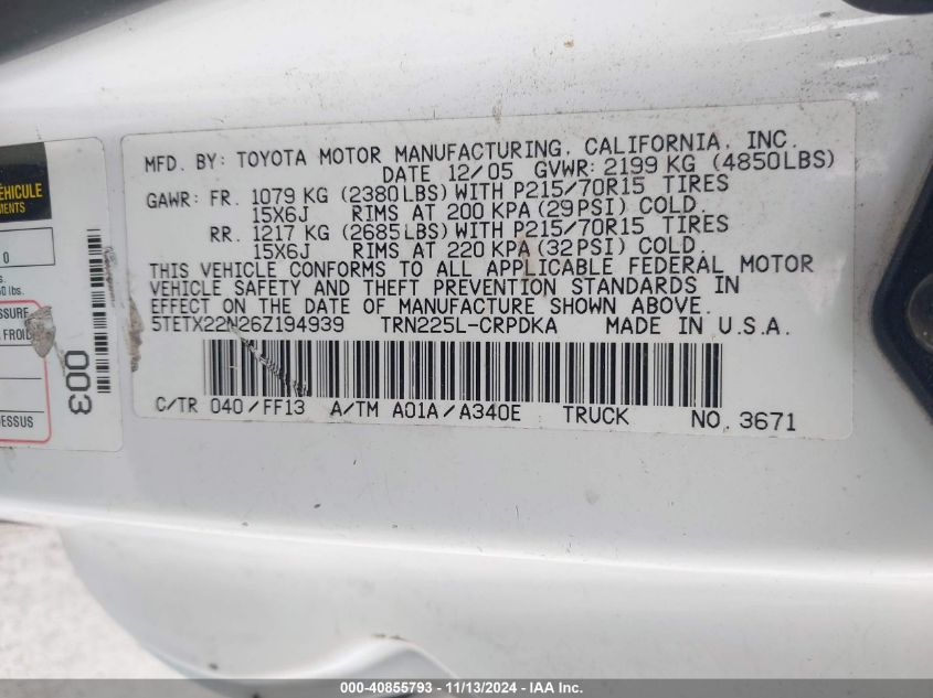 2006 Toyota Tacoma VIN: 5TETX22N26Z194939 Lot: 40855793