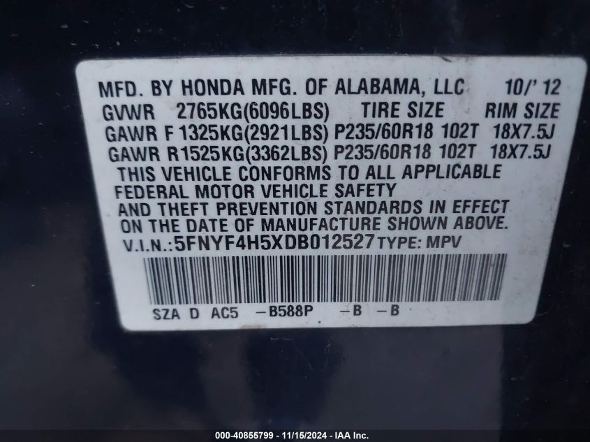 2013 Honda Pilot Ex-L VIN: 5FNYF4H5XDB012527 Lot: 40855799